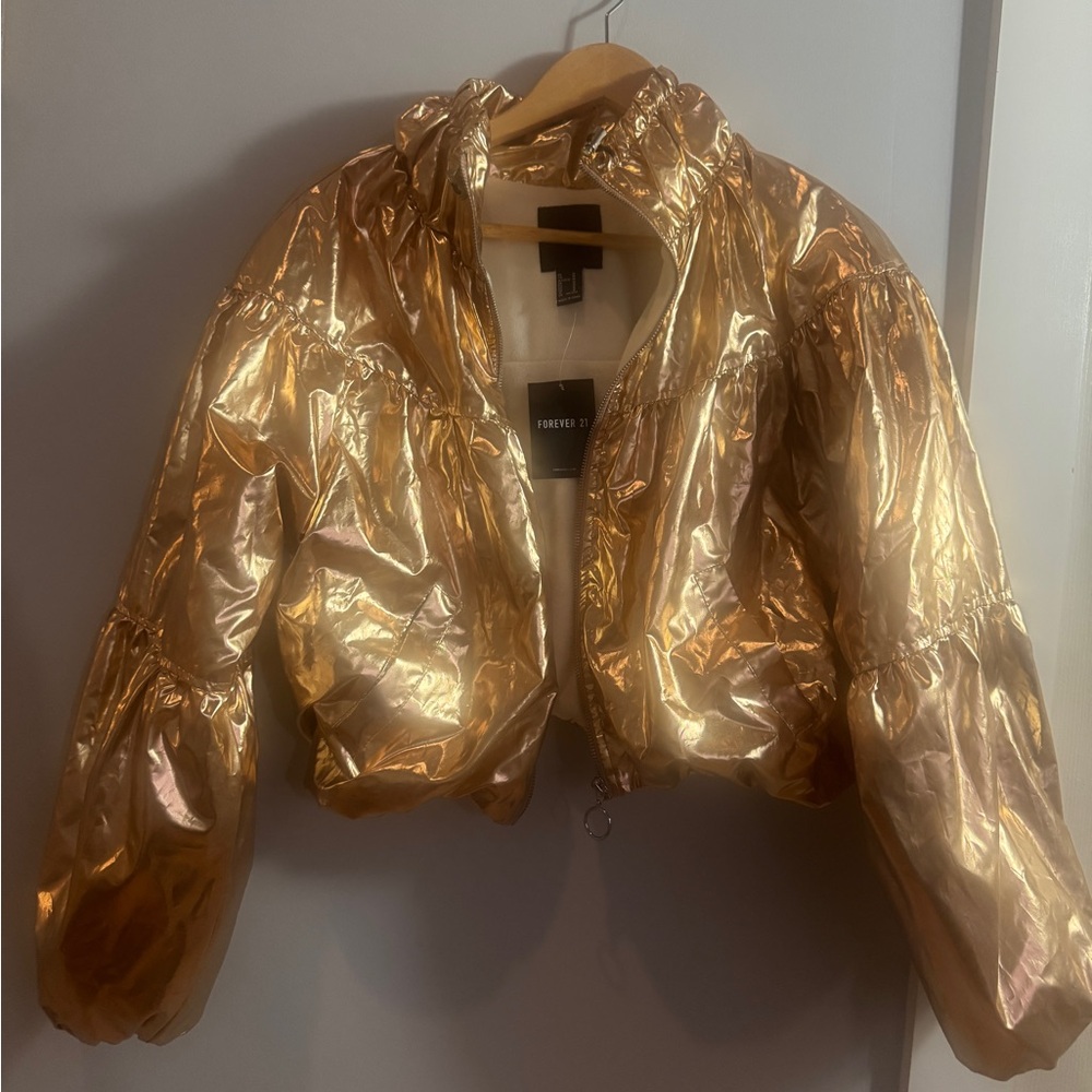 Forever 21 Disco  Metallic Gold Cropped Bomber Jacket Medium